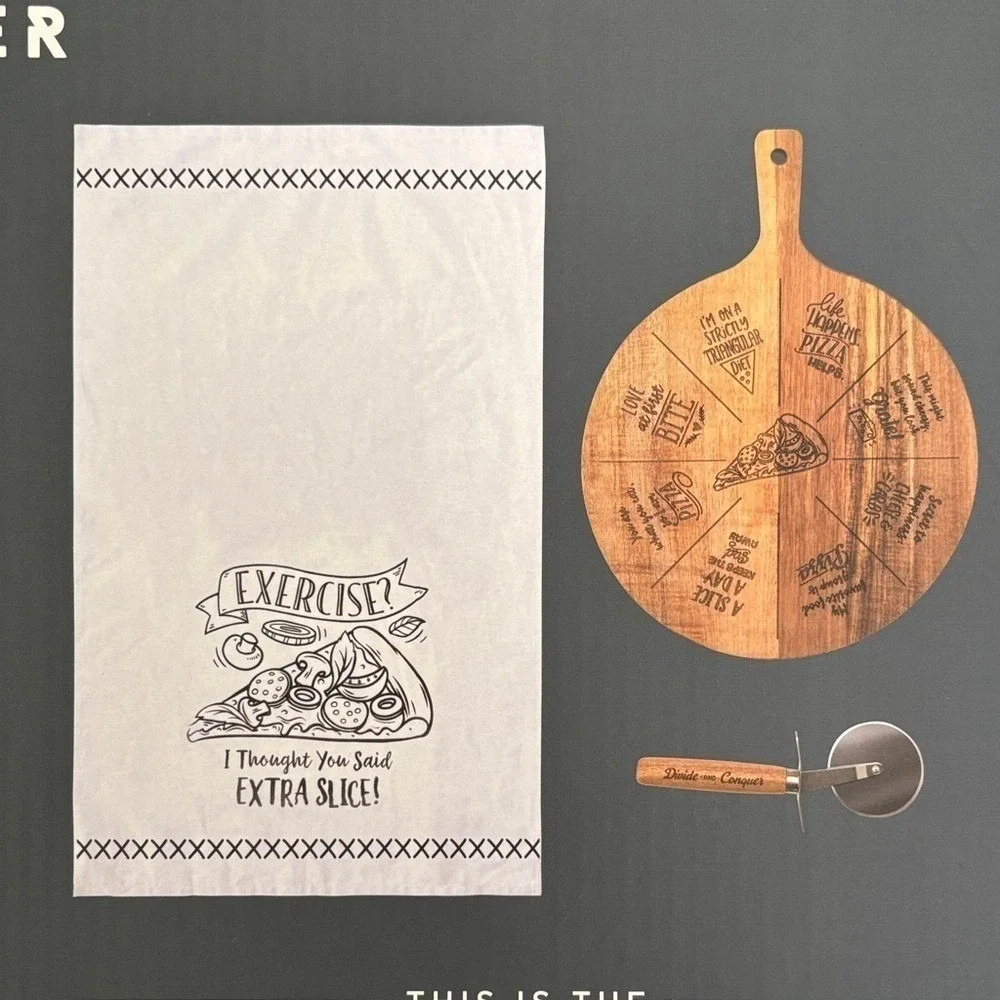Hammer + Axe Pizza Party Tool Set Wooden Pizza Cutting Board, Pizza Cutter Towel